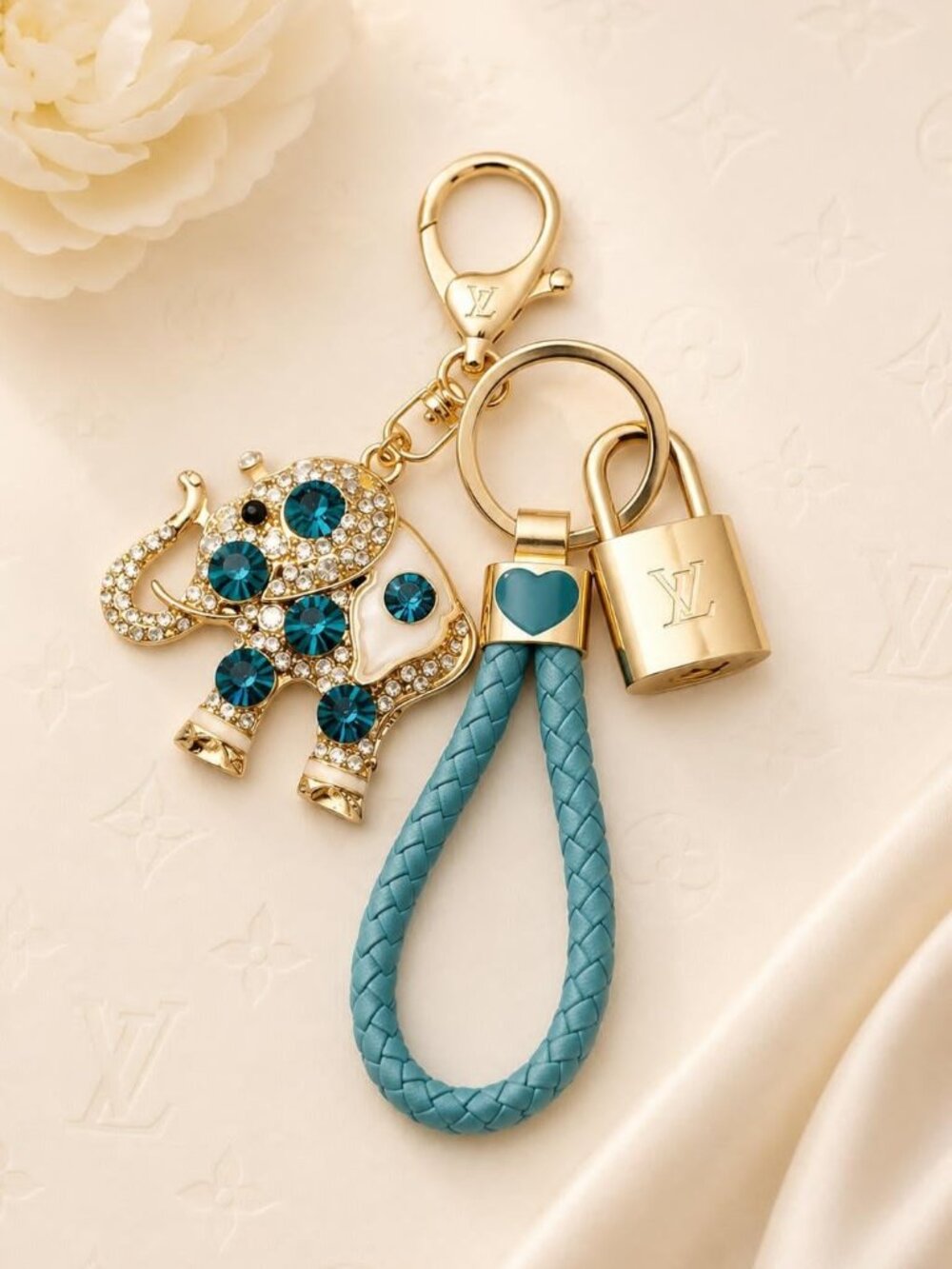 LV Authentic Gold Lock & Key 🔑 Luxury Bag Charm w/ Unbranded Elephant Keychain